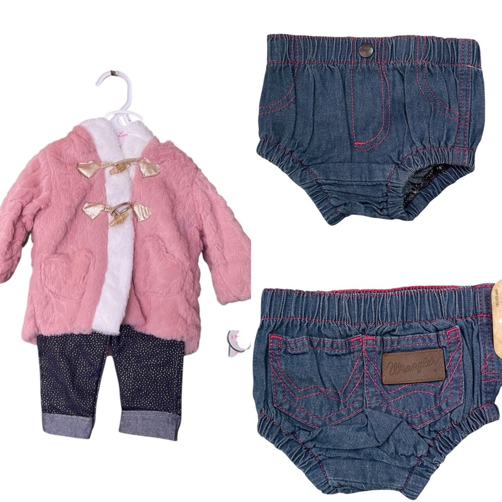 Little Lass‎ 3 piece set Pink Faux Fur Coat and Wrangler Denim Diaper Cover